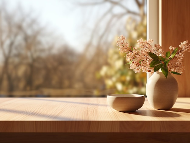 photo 3d wooden table against a defocussed sunny room interior white wooden tabletop