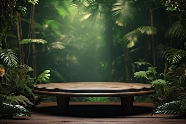 Photo 3d wooden table with a tropical forest or garden background for product placement