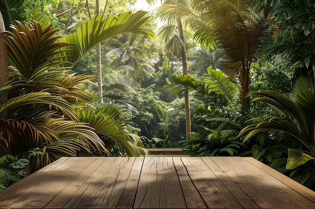 Photo of 3d wooden table with tropical forest or garden