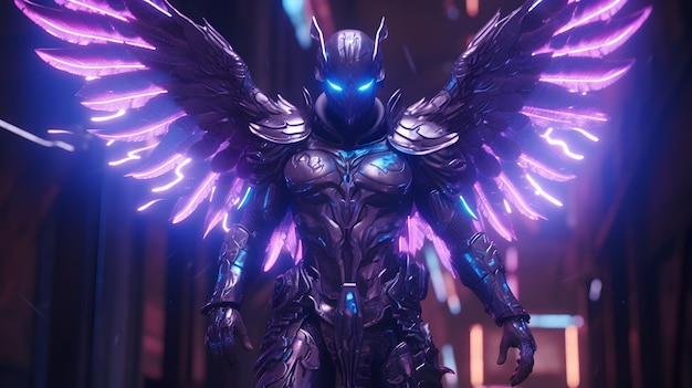 A photo of 8k ultra realistic archangel with 6 wings full body intricate Yellow and Green neon armorSpace Chip