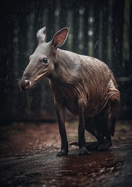 Photo of an aardvark in the rain weathered