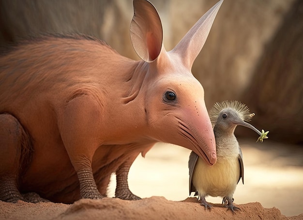 Photo of an aardvark with a bird companion 2