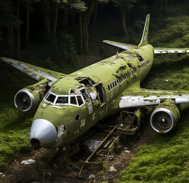 Photo of abandoned aircraft in the forest Ai generated