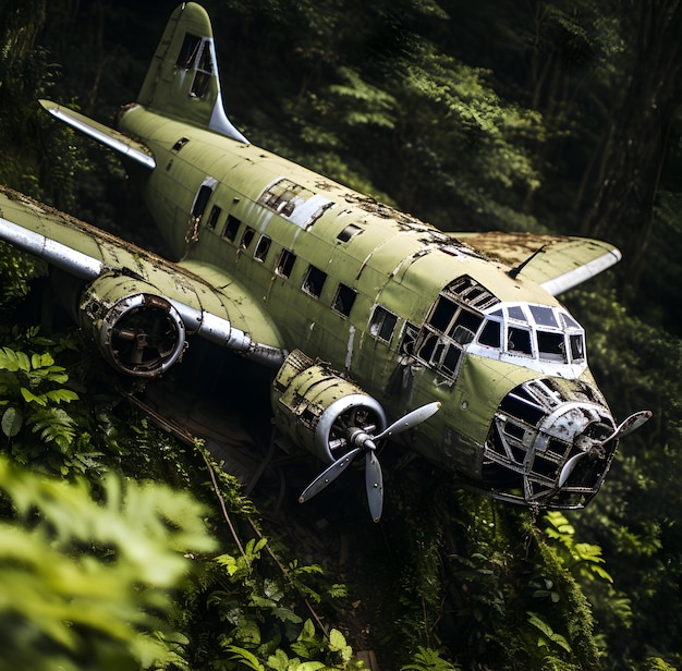 Photo Abandoned aircraft in rain forest generative ai