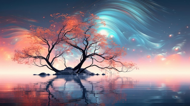 a photo abstract fractal art of a tree overhanging a lake beautiful vibrant colors reflections