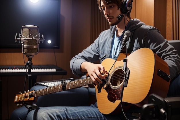 Photo acoustic guitar in recording studio