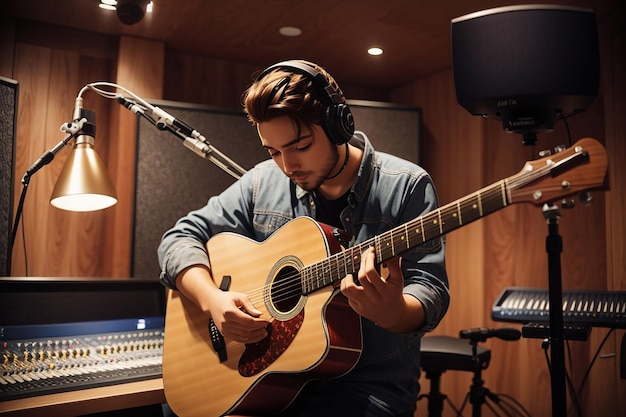 Photo acoustic guitar in recording studio