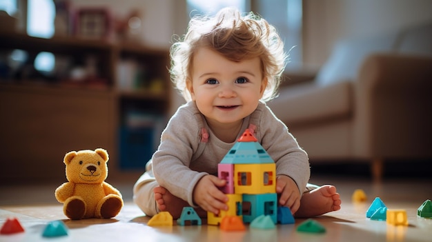 photo adorable baby playing with toy at home on the floorlittle babyplay toy generated by AI