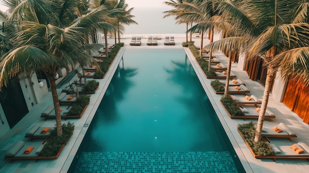 Photo aerial view swimming pool with palm tree