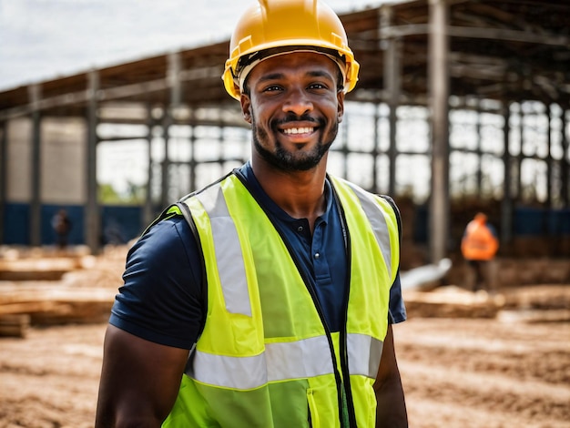 photo of african black man as a construction worker with helmet generative AI