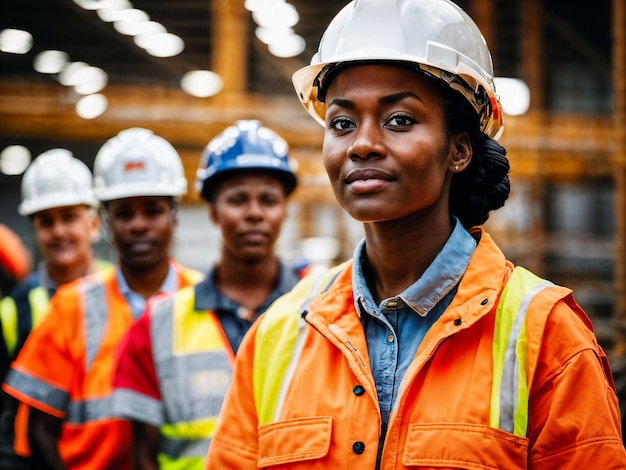 photo of african black woman as a construction worker with helmet generative AI