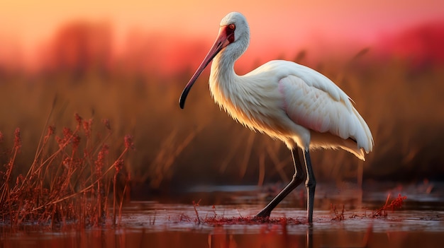 Photo of African Spoonbill on savanna at sunset