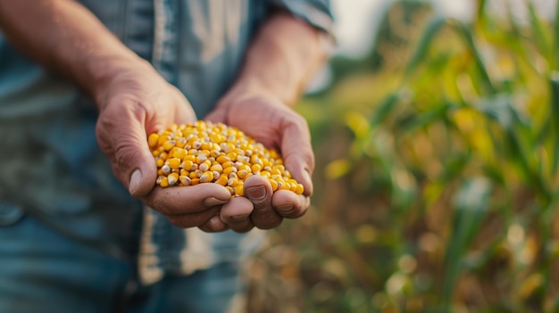 A photo of a agriculture farmer holding corn grains in his hand Generated by artificial intelligence