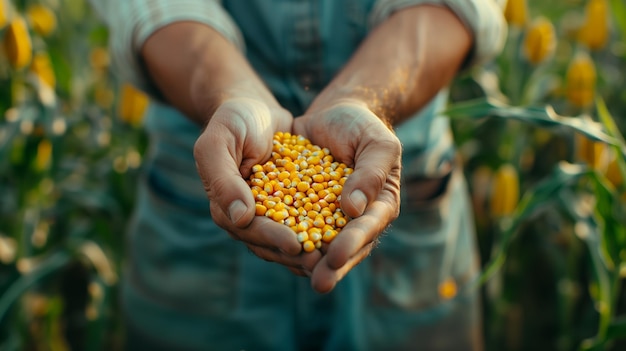 A photo of a agriculture farmer holding corn grains in his hand Generated by artificial intelligence