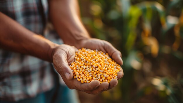 A photo of a agriculture farmer holding corn grains in his hand Generated by artificial intelligence