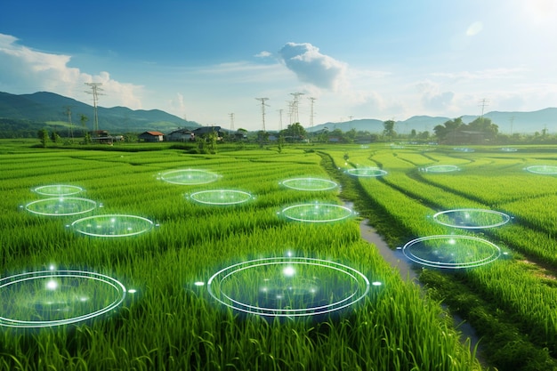 photo agriculture iot with rice field background