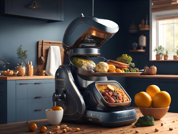 Photo A Ai robot machine in the kitchen with vegetables