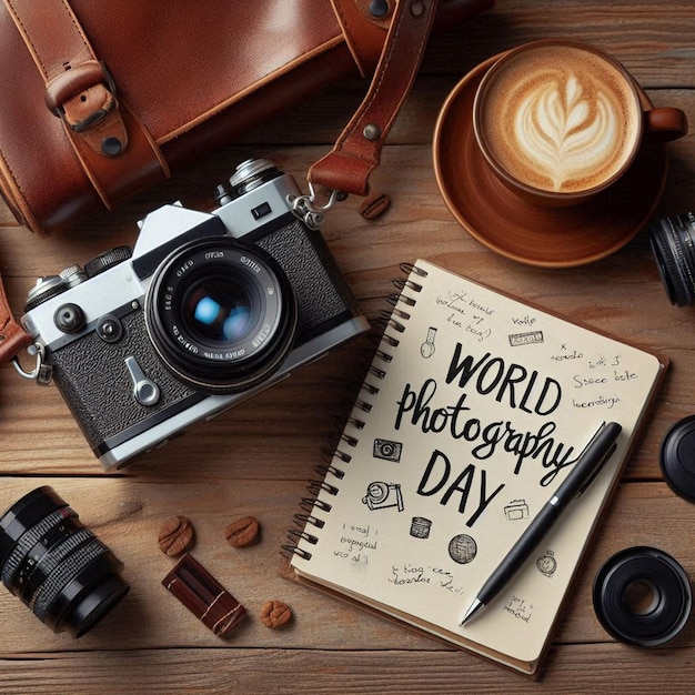 a photo album with a cup of coffee and a camera on a wooden table