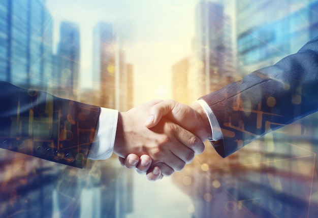 photo american business male people shaking hands skyscrapers in the background