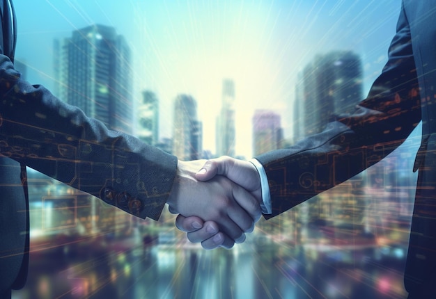 photo american business male people shaking hands skyscrapers in the background