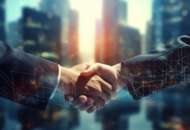 photo american business male people shaking hands skyscrapers in the background