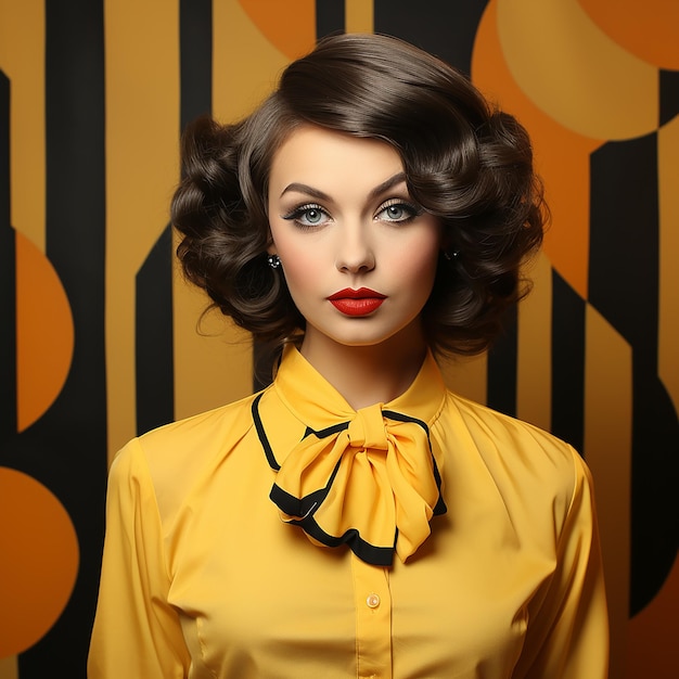 Photo of american woman with beautiful face on yellow background