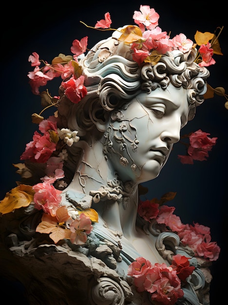 Photo Ancient Greek Mythology woman sculpture flowers on head generative ai