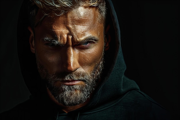 A photo of an angry muscular man with short blonde hair and beard wearing black hoodie looking at t