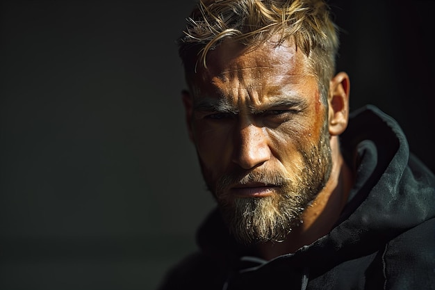 A photo of an angry muscular man with short blonde hair and beard wearing black hoodie looking at t