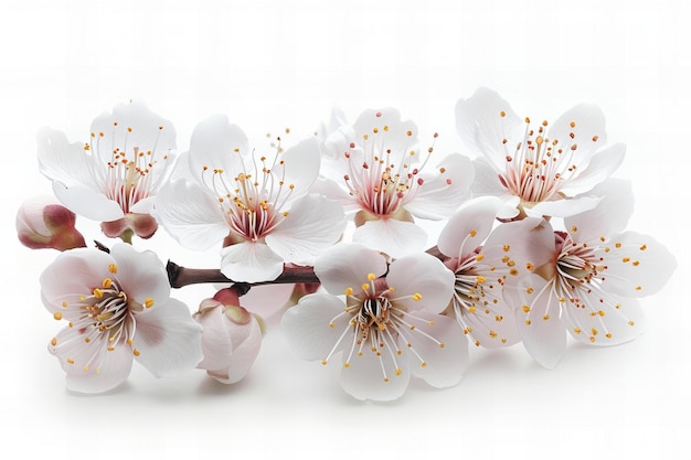 A photo of an apricot blossom branch with white flowers isolated on the left side against a pure wh