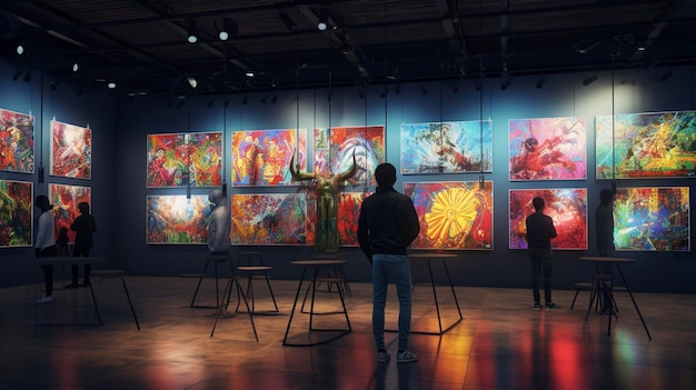 A photo of an art gallerys exhibition focused