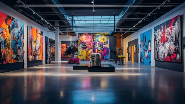 A photo of an art gallerys exhibition focused