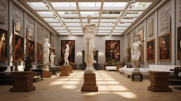 A photo of an art gallerys layout with sculpture