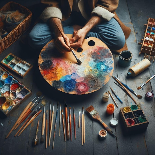 Photo an artist painting holding a large round palette with various colors