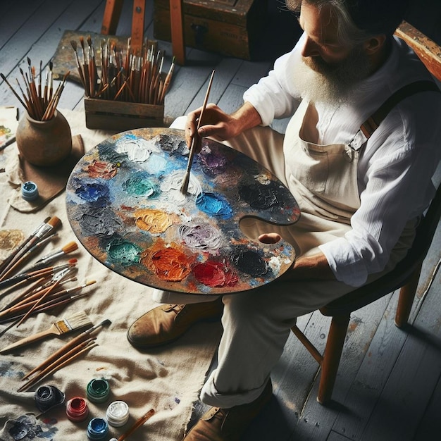 Photo an artist painting holding a large round palette with various colors