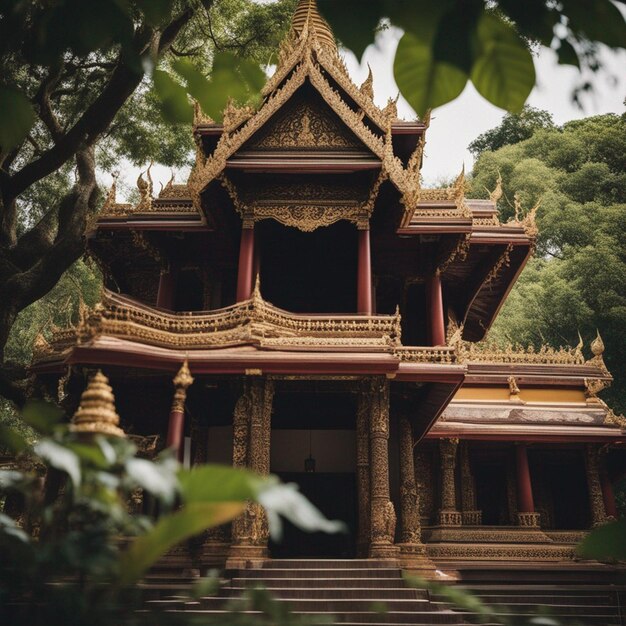 Photo artistic pagoda of Thai temple in KanchanaburiThailand