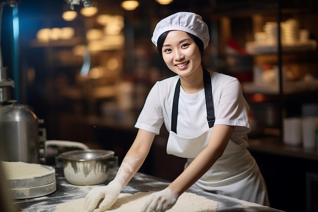 Photo of Asian female chef proficient in preparing pizza dough