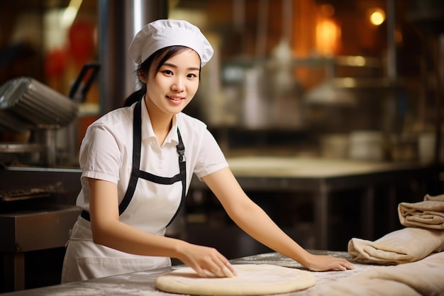 Photo of Asian female chef proficient in preparing pizza dough