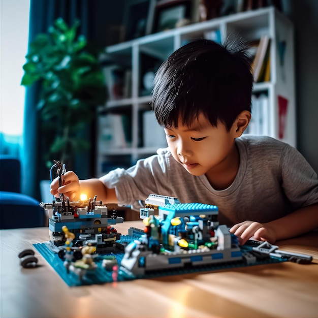 photo Asian smart kid playing Legovibe technology