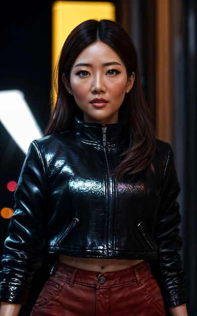 Photo of asian woman in jacket outfit with colorful light in background generative AI