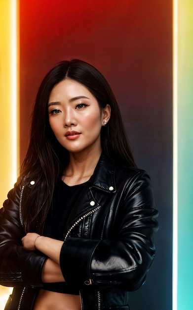 Photo of asian woman in jacket outfit with colorful light in background generative AI