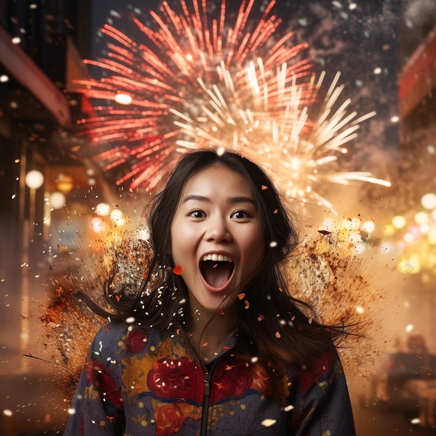 photo of an asian woman smiling in front of fireworks