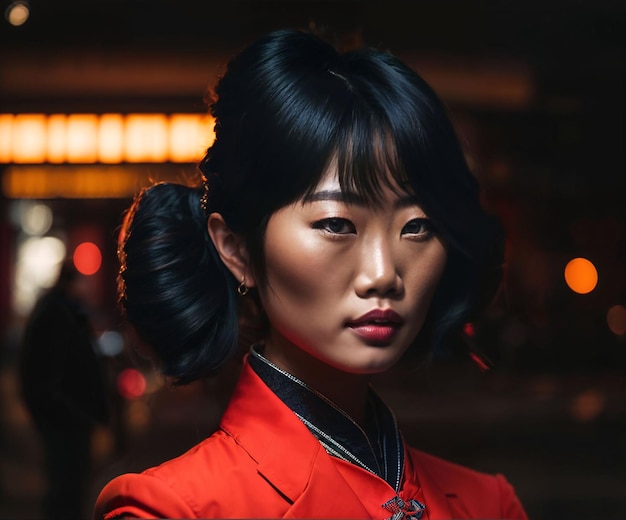 Photo of asian woman at street night with light generative AI