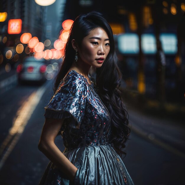 Photo of asian woman at street night with light generative AI