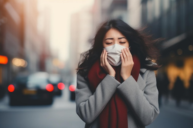 Photo asian woman wearing a mask and coughing in a polluted city