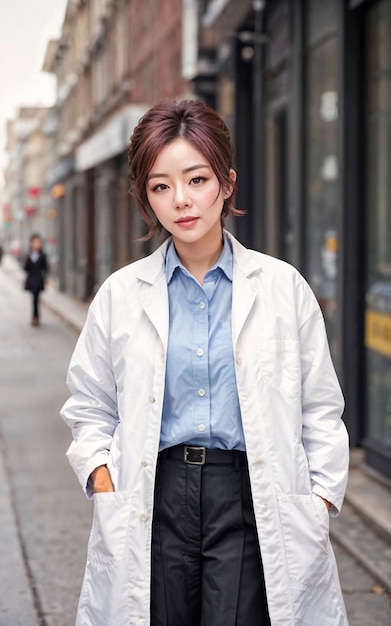 Photo of asian woman in white lab coat at modern laboratory generative AI