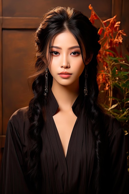 photo of asian young woman long hair with korean makeup style on her face and perfect skin