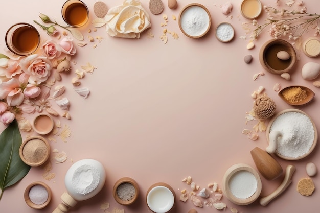 Photo assortment of plantbased beauty products with rose oil or rose extract on pink background