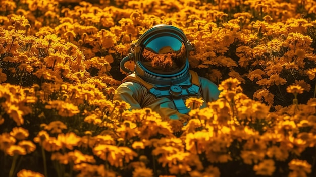 Photo of an astronaut lying in a meadow of yellow flowers AI