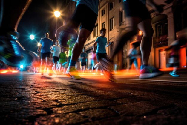 Photo of an athletes jogging in front of bokeh lights at night in the city Generative AI